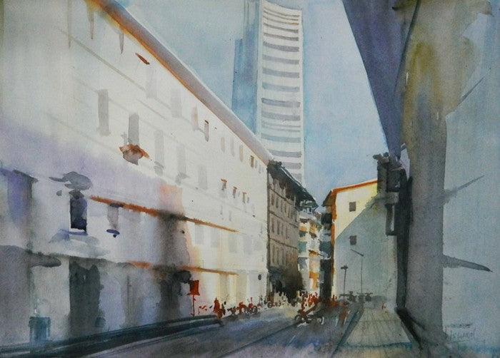 Cityscape watercolor painting titled 'White Building', 11x16 inches, by artist Bijay Biswaal on Paper