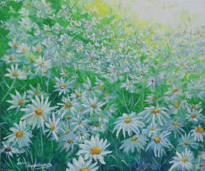 Nature acrylic painting titled 'White flower field', 12x10 inches, by artist Lasya Upadhyaya on Canvas Board