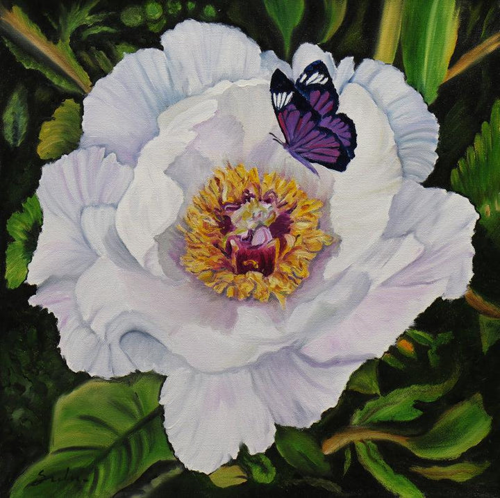 Nature oil painting titled 'White flower With Butterfly', 18x18 inches, by artist Sulakshana Dharmadhikari on canvas