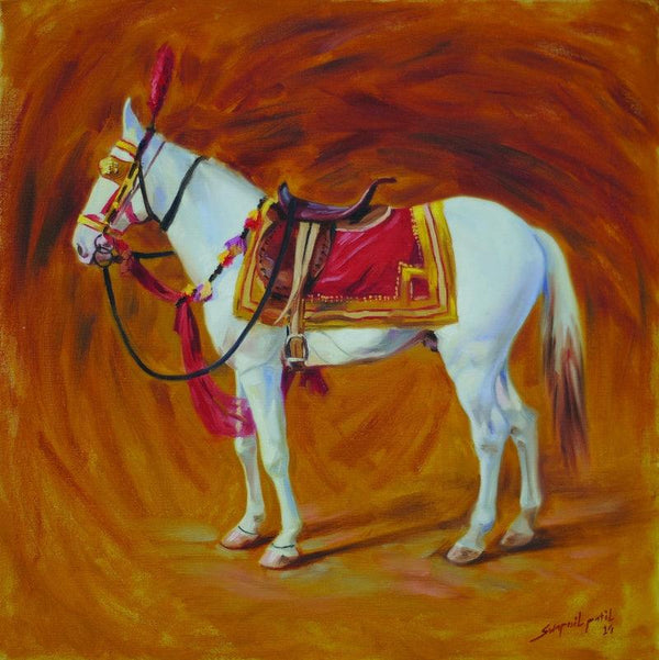 Animals oil painting titled 'White Horse', 24x24 inches, by artist Swapnil Patil on Canvas