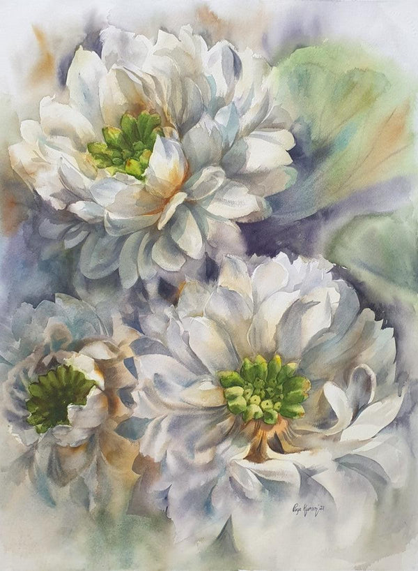 Nature watercolor painting titled 'White lotus 2', 30x22 inches, by artist Puja Kumar on Paper