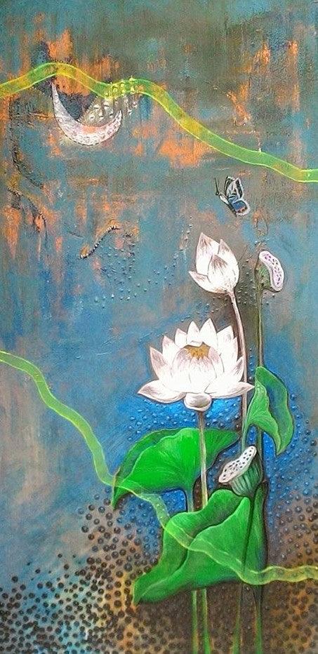 Nature acrylic painting titled 'White Lotus', 40x20 inches, by artist Shyamali Paul on Canvas