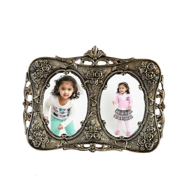 Lifestyle craft titled 'White Metal Round Photo Frame for 2', 7x8x1 inches, by artist E Craft on Metal