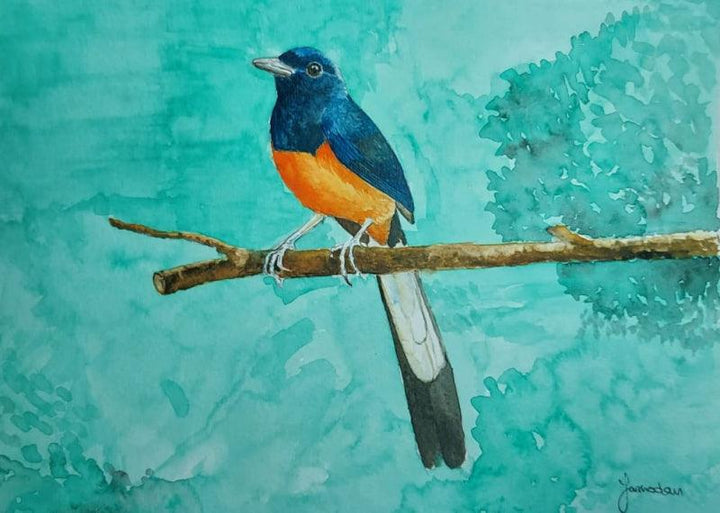 Animals watercolor painting titled 'White Rumped Shama', 8x12 inches, by artist Yashodan Heblekar on Paper