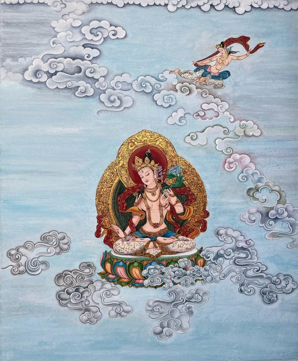 Religious mixed media painting titled 'White Tara', 18x15 inches, by artist Aditi Agarwal on Cloth