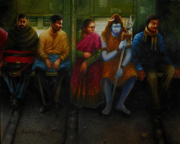 Figurative watercolor painting titled 'Who Is Going With Us Bahuroopi', 18x23 inches, by artist Sudipta Karmakar on Paper