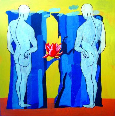 Figurative acrylic painting titled 'Who Is The Boss 4', 48x60 inches, by artist Deepak Kumar Ambuj on Canvas