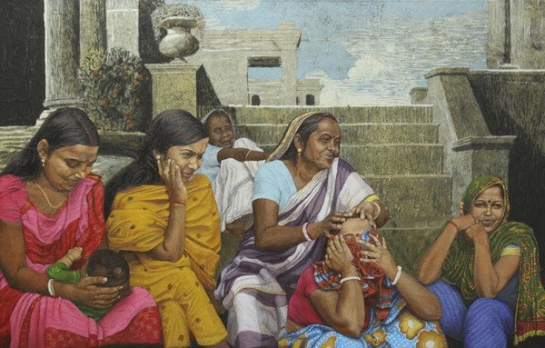 Figurative mixed media painting titled 'Whole Family On The Steps', 30x48 inches, by artist Biswajit Roy on Canvas