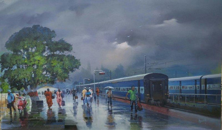 Cityscape acrylic painting titled 'Wide Wet Platform II', 36x60 inches, by artist Bijay Biswaal on Canvas