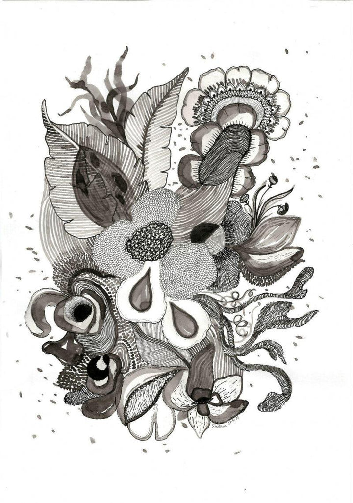 contemporary ink drawing titled 'Wild Flowers 2', 17x12 inches, by artist Shikha Baheti on Paper