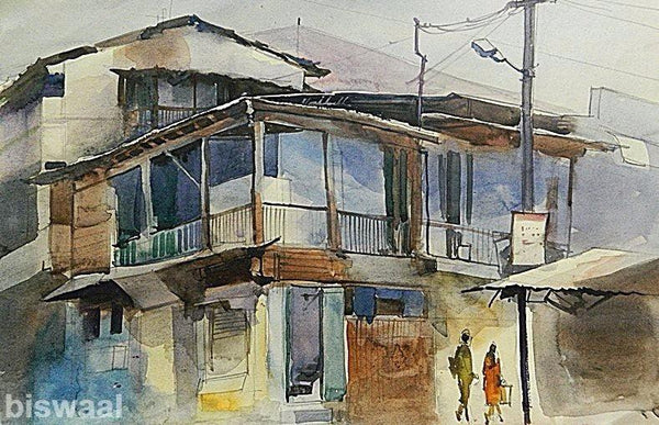 Cityscape watercolor painting titled 'Wild House In Mahal', 11x16 inches, by artist Bijay Biswaal on Paper