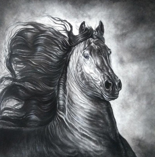 Animals charcoal painting titled 'Wild Spirit 2', 36x36 inches, by artist Anand Sai on Canvas