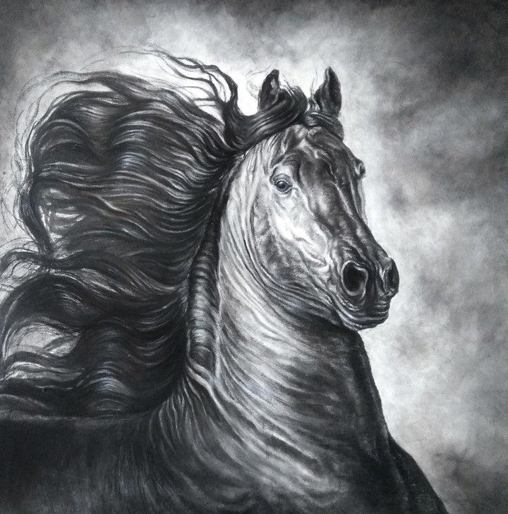 Animals charcoal painting titled 'Wild Spirit 2', 36x36 inches, by artist Anand Sai on Canvas