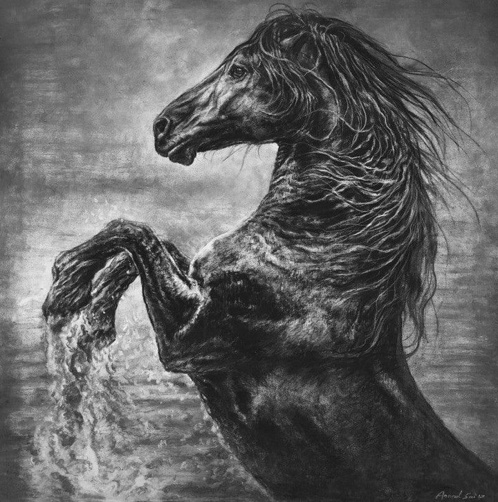 Animals charcoal painting titled 'Wild Spirit', 36x36 inches, by artist Anand Sai on Canvas