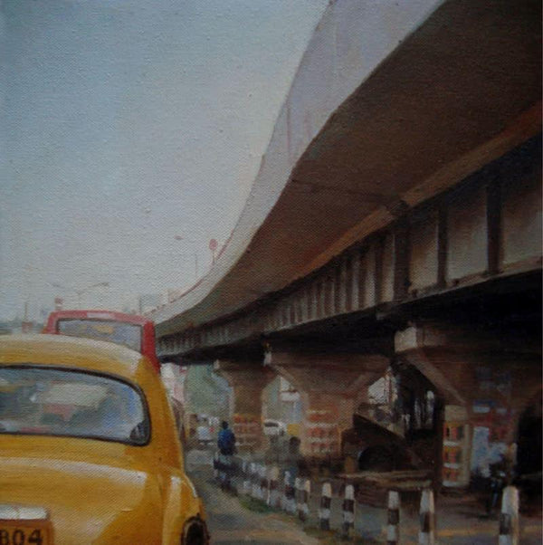 Cityscape oil painting titled 'Wind Of Change3', 12x12 inches, by artist Anupam Halder on Canvas