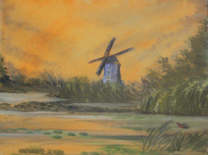 Landscape oil painting titled 'Windmill', 12x15 inches, by artist Krupa Shah on Canvas