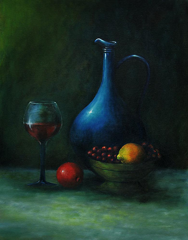 Still-life acrylic painting titled 'Wine And Water', 30x18 inches, by artist Seby Augustine on Canvas