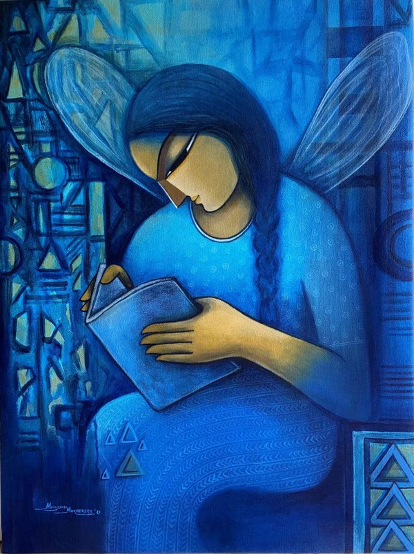 Figurative acrylic painting titled 'Winged Dreams', 24x18 inches, by artist Mousumi Mukherjee on Canvas