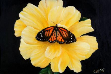 Realistic oil painting titled 'Wings On a Flower', 12x17 inches, by artist Abarna on Canvas