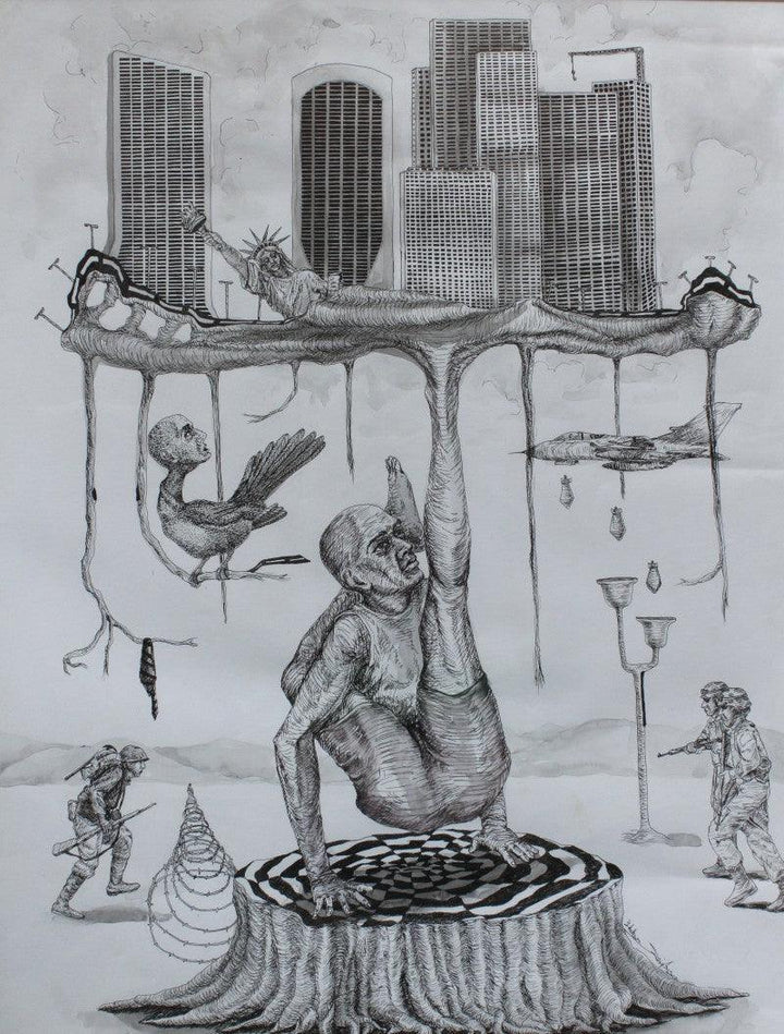 Surrealist pen drawing titled 'Winner', 28x21 inches, by artist Ankur Singla on Paper