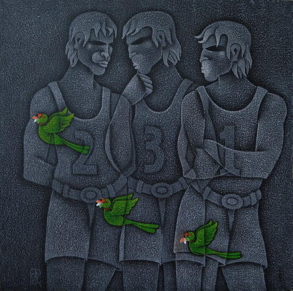 Figurative acrylic painting titled 'Winners Podium', 36x36 inches, by artist Satyajeet Shinde on Canvas