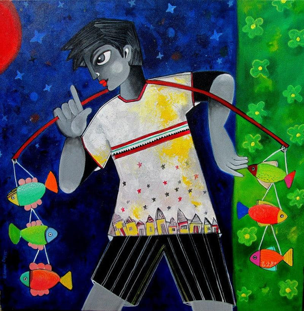 Figurative acrylic painting titled 'Winnie the fisher boy', 30x30 inches, by artist Sharmi Dey on Canvas