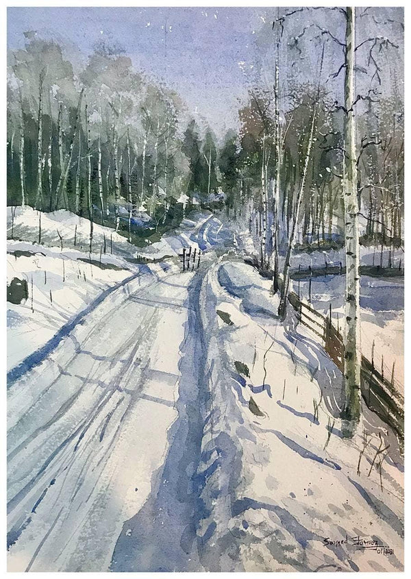 Landscape watercolor painting titled 'Winter Ksfarvez', 10x14 inches, by artist KS Farvez on Paper