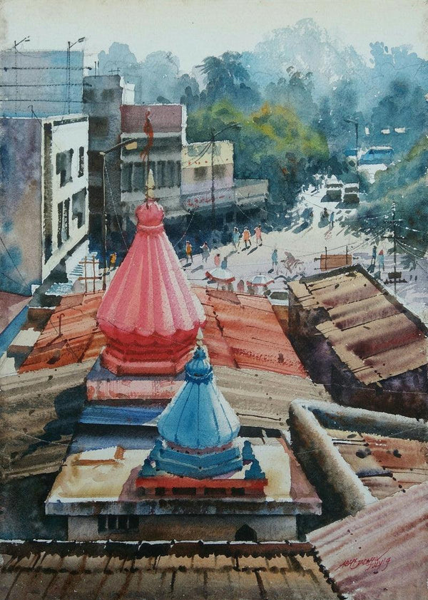 Cityscape watercolor painting titled 'Winter Morning', 22x15 inches, by artist Abhijit Jadhav on Paper