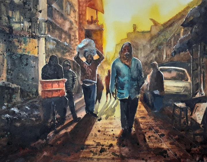 Cityscape watercolor painting titled 'Winter morning in Kolkata', 14x11 inches, by artist Mrutyunjaya Dash on paper