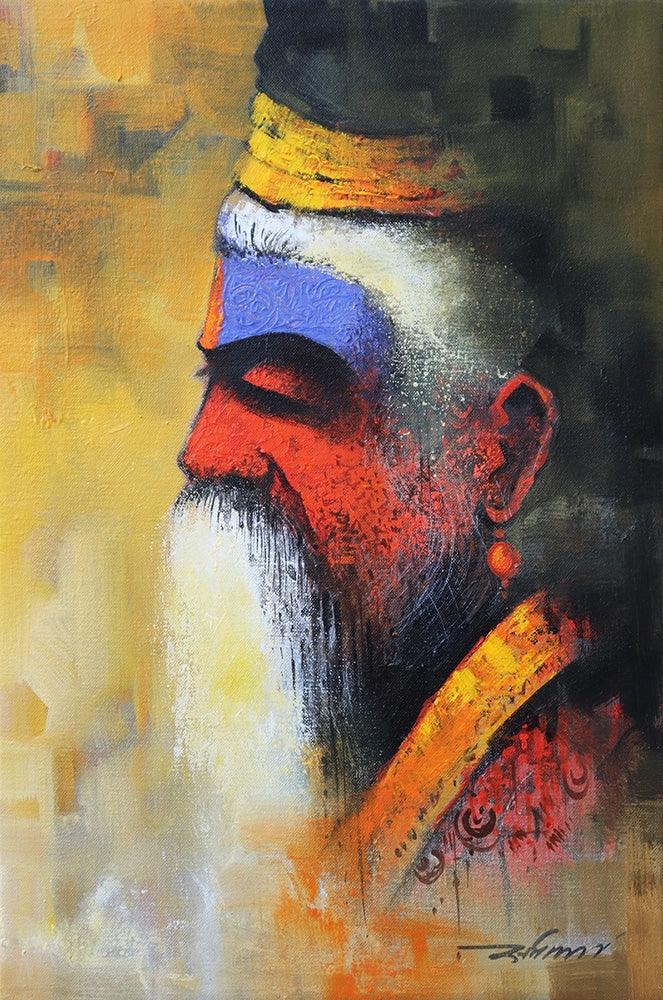 Religious acrylic painting titled 'Wisdom Of The Sadhu', 18x12 inches, by artist Somnath Bothe on Canvas