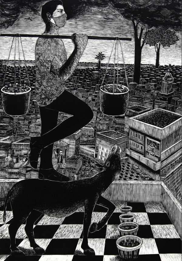 Figurative printmaking titled 'Wise Man In The Donkey', 53x38 inches, by artist Neeraj Khandka on Paper