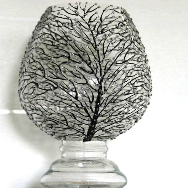 Abstract glass art titled 'Wish Tree in black and glitter silver', 7x7x7 inches, by artist Shweta Vyas on Glass