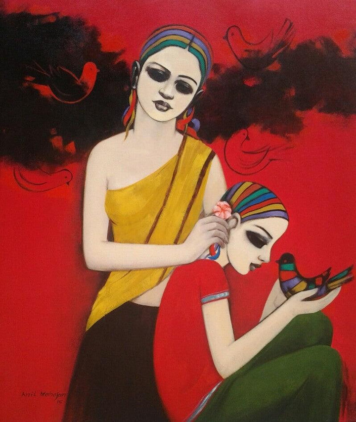 Figurative acrylic painting titled 'With Birds', 34x30 inches, by artist Anil Mahajan on Canvas