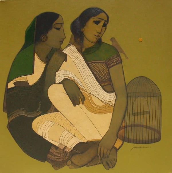 Figurative acrylic painting titled 'With Cage', 46x46 inches, by artist Siddharth Shingade on Canvas