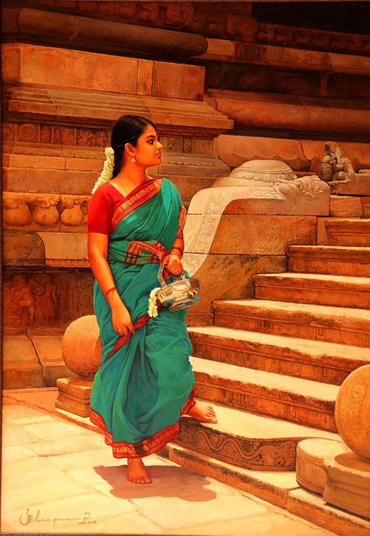 Figurative oil painting titled 'Woman at the Temple Step', 24x17 inches, by artist S  Elayaraja on Canvas