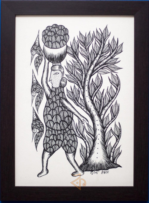 Folk Art gond traditional art titled 'Woman carrying pot Gond Art', 15x10 inches, by artist Kalavithi Art Ventures on Canvas