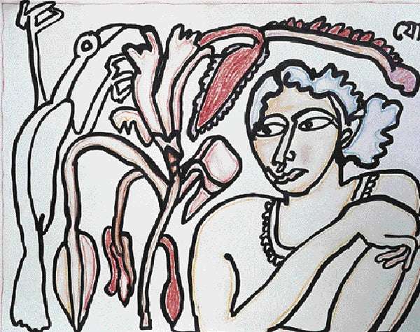 Figurative serigraphs painting titled 'Woman With Flower', 22x30 inch, by artist Jogen Chowdhury on Paper