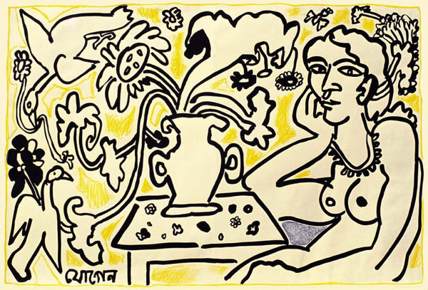 Nude serigraphs painting titled 'Woman With Flower Vase', 22x30 inch, by artist Jogen Chowdhury on Paper