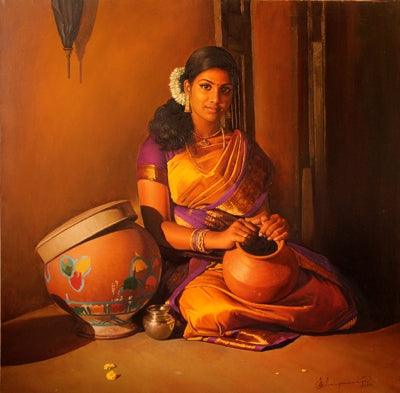 Figurative oil painting titled 'Woman Holding The Pot', 24x24 inches, by artist S  Elayaraja on Canvas