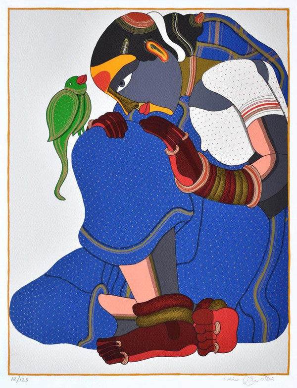 Figurative serigraphs painting titled 'Woman In Blue And White', 20x16 inches, by artist Thota Vaikuntam on Paper