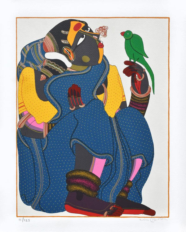 Figurative serigraphs painting titled 'Woman In Blue', 20x16 inches, by artist Thota Vaikuntam on Paper