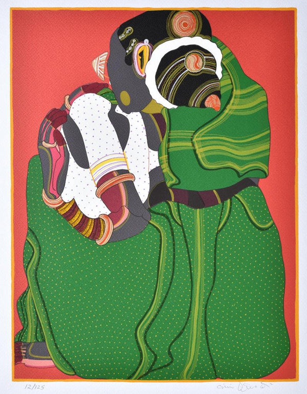 Figurative serigraphs painting titled 'Woman In Green And White', 20x16 inches, by artist Thota Vaikuntam on Paper