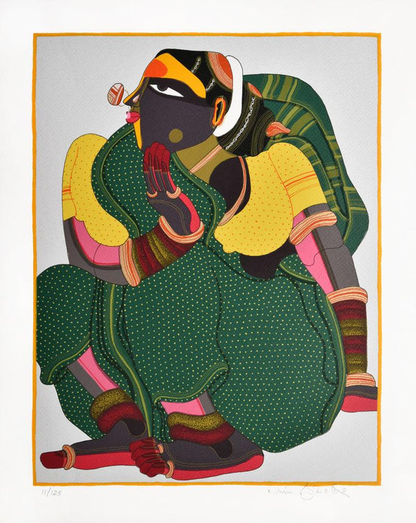 Figurative serigraphs painting titled 'Woman In Green', 20x16 inches, by artist Thota Vaikuntam on Paper