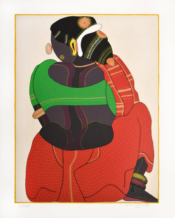 Figurative serigraphs painting titled 'Woman In Green In Red', 20x16 inches, by artist Thota Vaikuntam on Paper