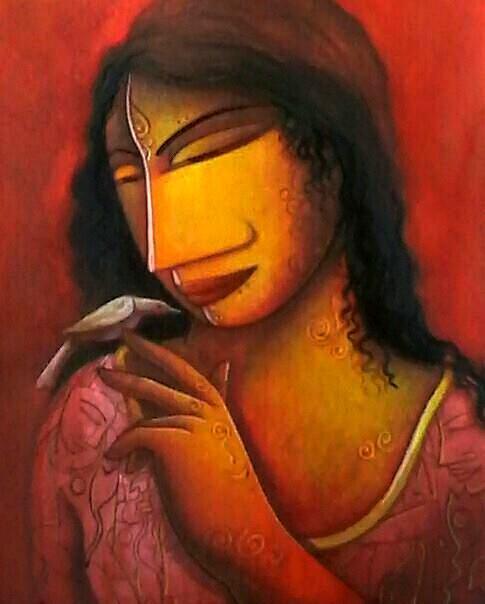 Figurative acrylic painting titled 'Woman In Pink', 12x18 inches, by artist Samir Sarkar on Paper