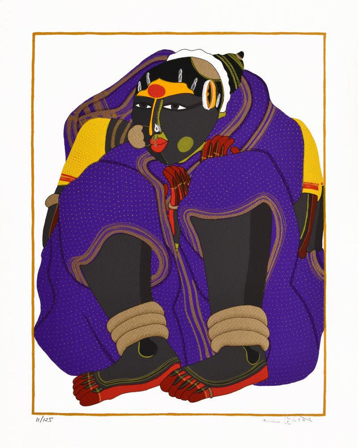 Figurative serigraphs painting titled 'Woman In purple', 20x16 inches, by artist Thota Vaikuntam on Paper