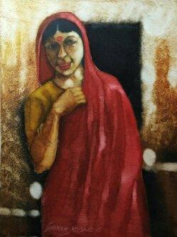 Figurative oil painting titled 'Woman in red saree', 24x18 inches, by artist SHANKAR KENDALE on Canvas