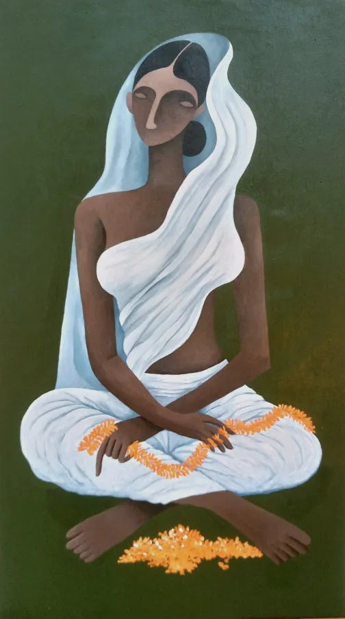 Figurative acrylic painting titled 'Woman Making Garland', 47x27 inch, by artist Ranjith Raghupathy on Canvas