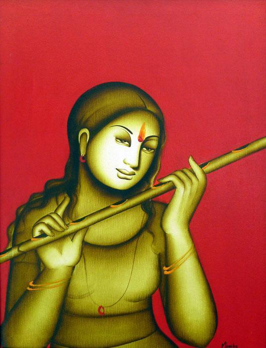 Figurative acrylic painting titled 'Woman Playing Flute', 24x18 inches, by artist Monica on Canvas