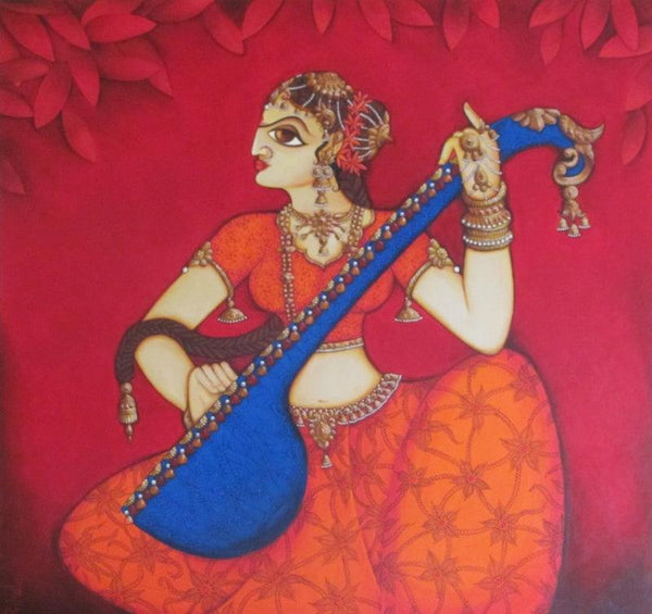 Figurative acrylic painting titled 'Woman Playing Sitar', 40x40 inches, by artist Rahul Phulkar on Canvas